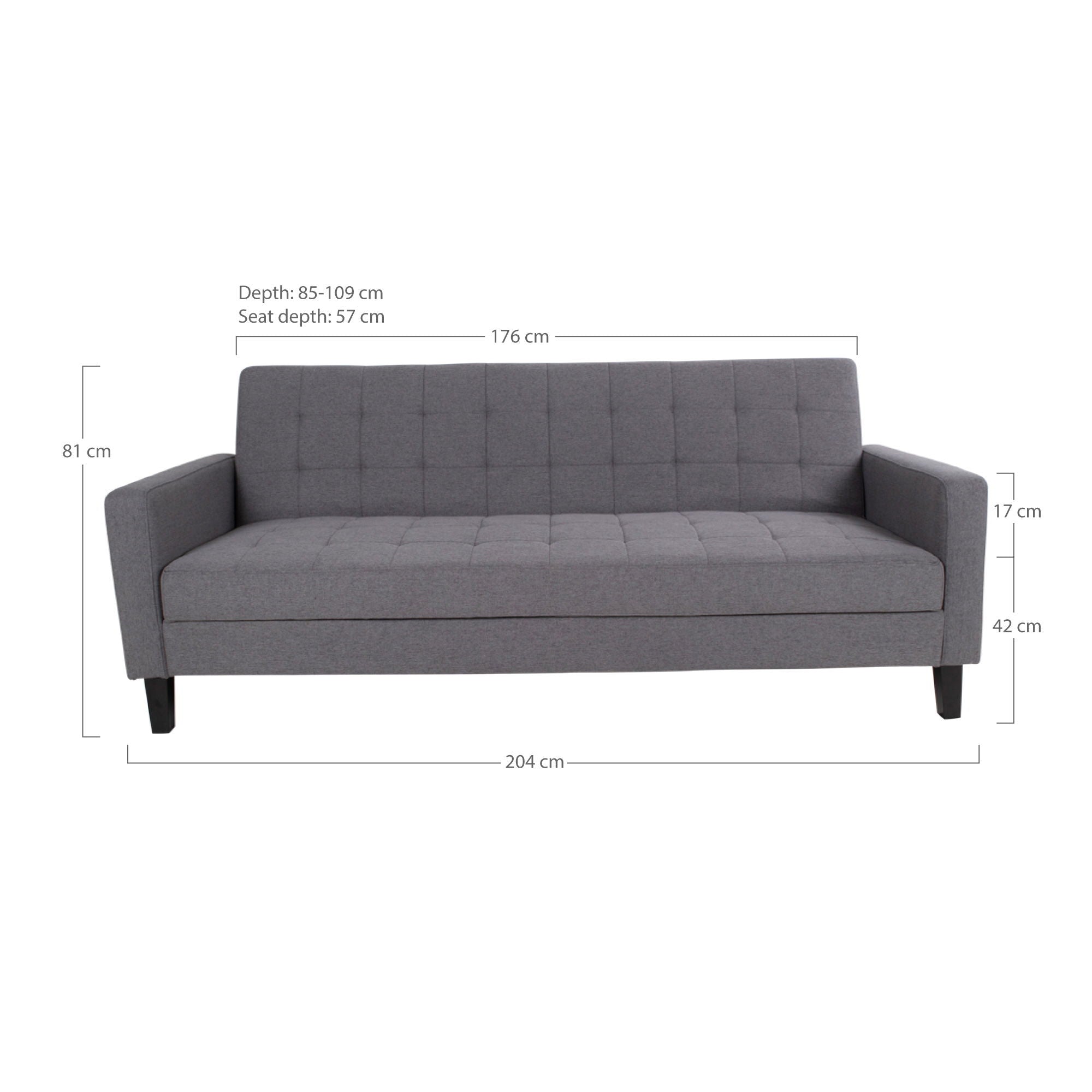 Milton – Sofa mit Bettfunktion und Stauraum, dunkelgrau, schwarze Beine, 204×85–109×81 cm