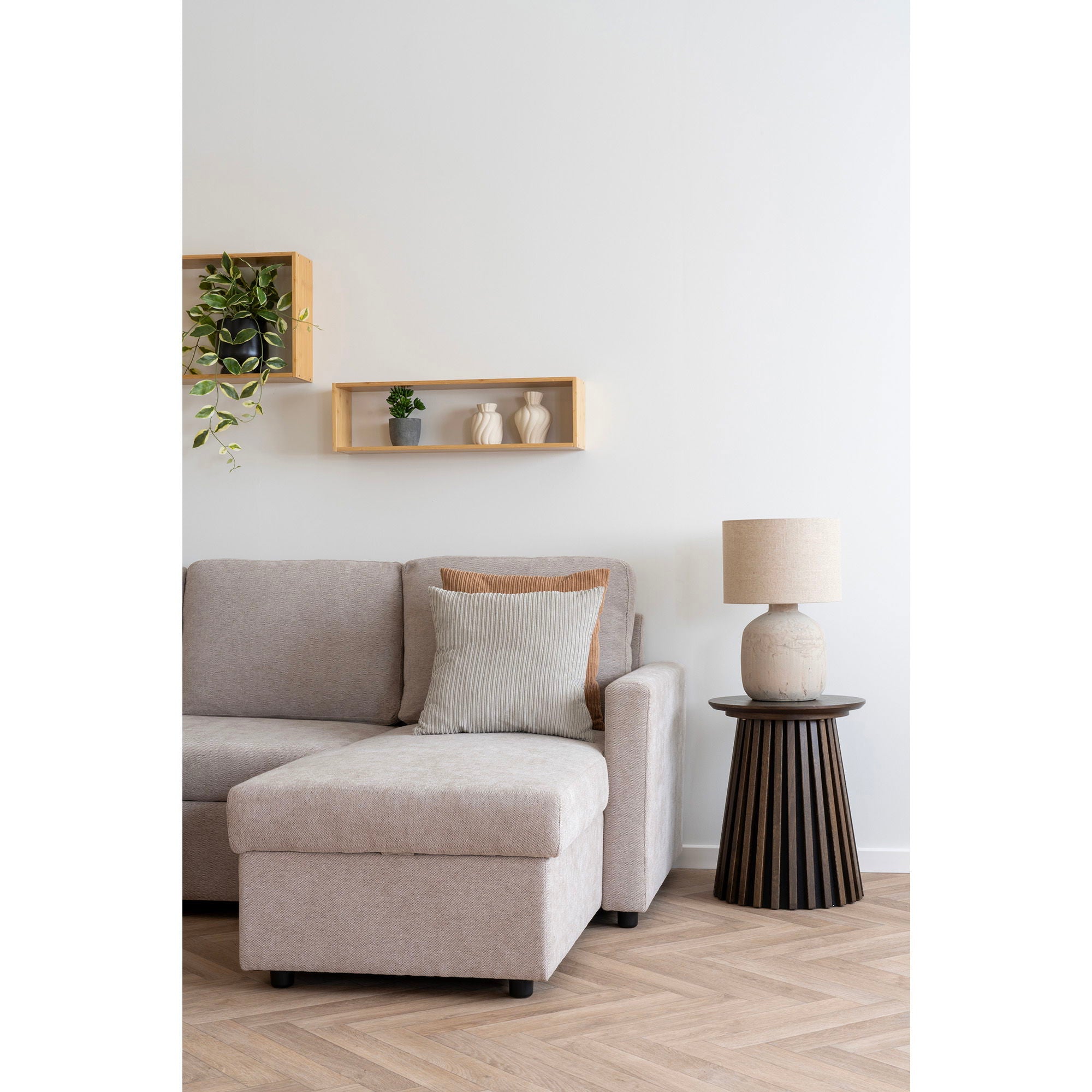 Belfast – Schlafsofa mit Stauraum, dark sand, natürliche Holzbeine, 218 × 80/150 × 87 cm