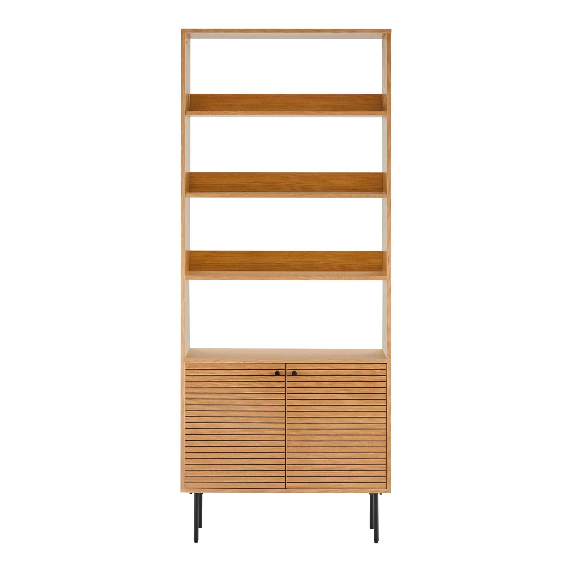 Kyoto Bücherregal – Eichefurnier, 2 Türen, 4 Regalfächer, schwarze Metallbeine, 80 × 30 × 200 cm